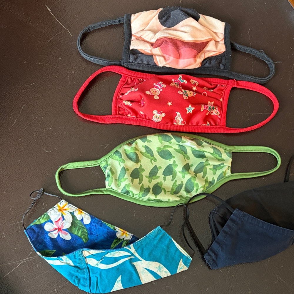 Set of 5 Adult Face Masks:  Mickey, Disney Christmas, Turtles, Reversible (2)
